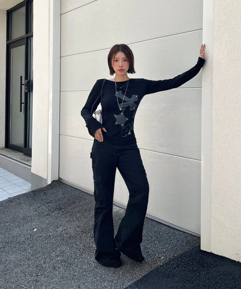 Cross Flower Stud Long Sleeve Top