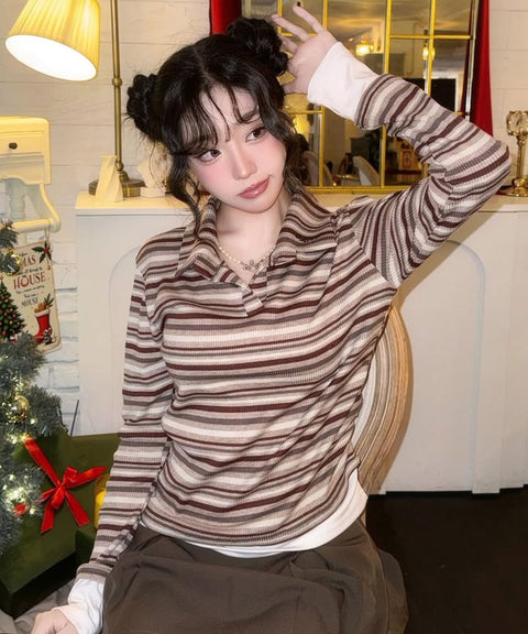 Layered Stripe Polo Long Sleeve Top