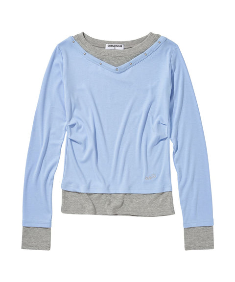 V-Neck Layered Stud Slim Long Sleeve Top