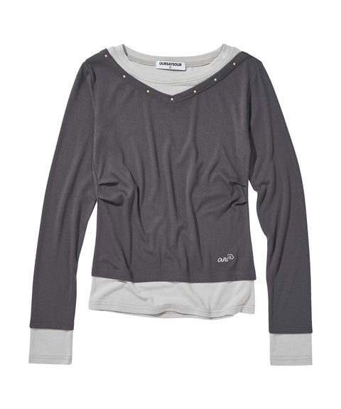V-Neck Layered Stud Slim Long Sleeve Top