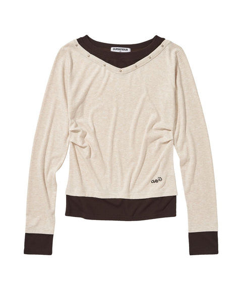 V-Neck Layered Stud Slim Long Sleeve Top