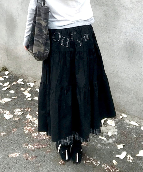 OURS Check Contrast Shirring Long Skirt