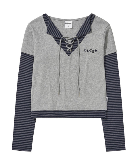 Eyelet Layered Drawstring Long Sleeve Top