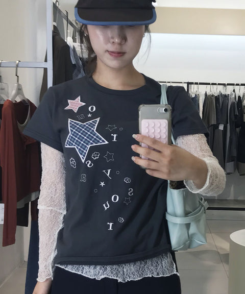 Check Two Star Applique T-Shirt