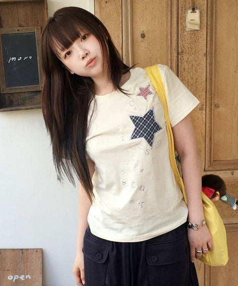 Check Two Star Applique T-Shirt