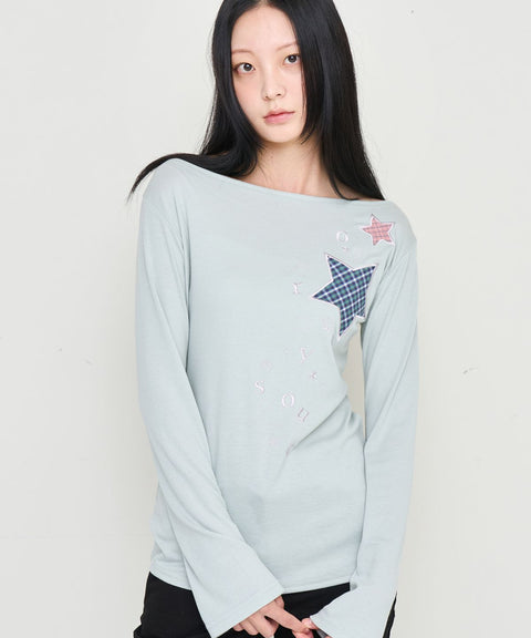 Check Two Star Applique Slim Long Sleeve Top