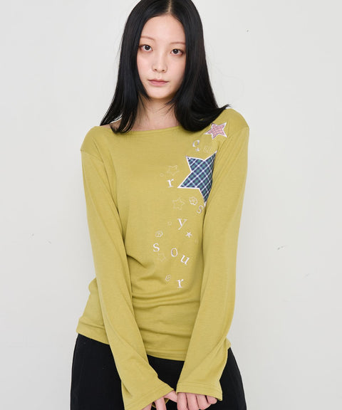 Check Two Star Applique Slim Long Sleeve Top