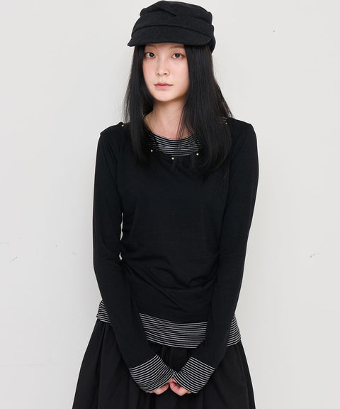 V-Neck Layered Stud Slim Long Sleeve Top