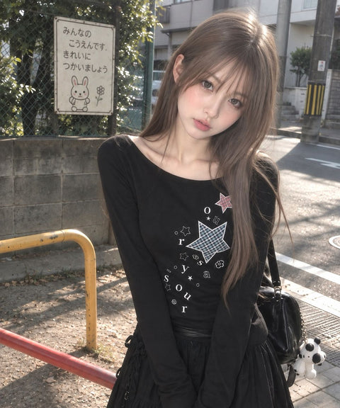 Check Two Star Applique Slim Long Sleeve Top