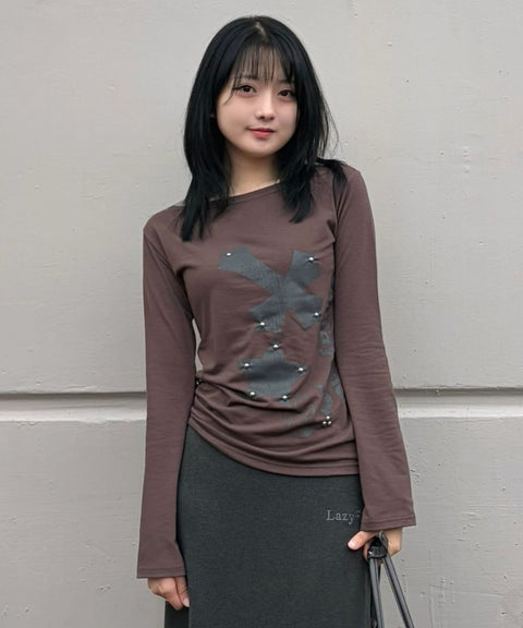 Cross Flower Stud Long Sleeve Top