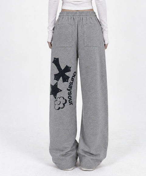 Cross Flower Stud Wide Pants
