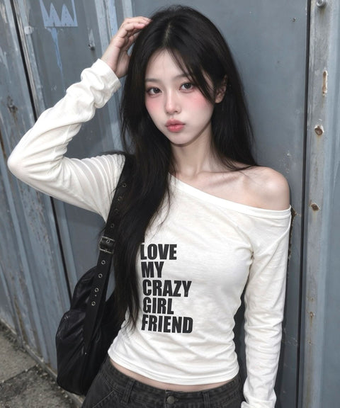Loose Fit Cropped One Shoulder Long Sleeve Top