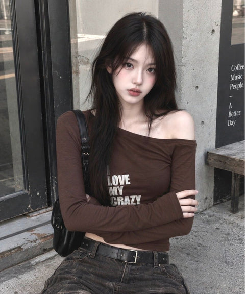 Loose Fit Cropped One Shoulder Long Sleeve Top
