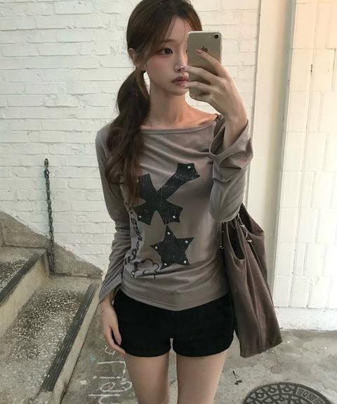 Cross Flower Stud Long Sleeve Top