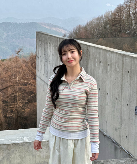 Layered Stripe Polo Long Sleeve Top