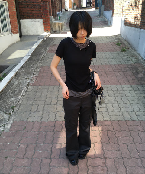 V-Neck Layered Stud Slim T-Shirt