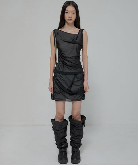 FLAREUP Draped Mesh Mini Skirt – Black 12