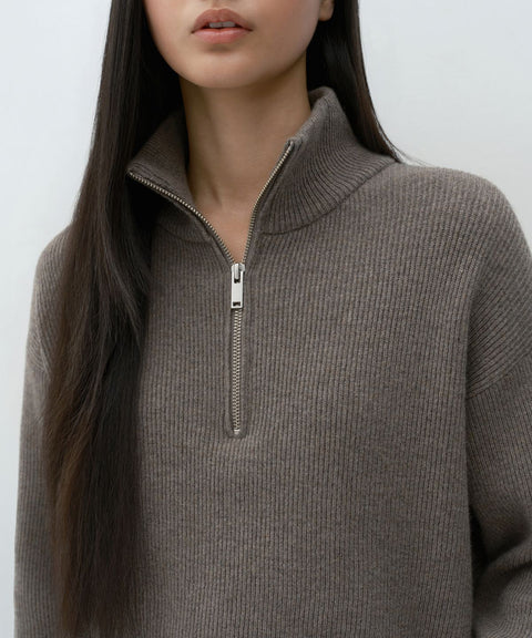 MUSINSA STANDARD WOMAN_VICTORIA WOOL Women's Minimal Ribbed Quarter-Zip Sweater Taupe