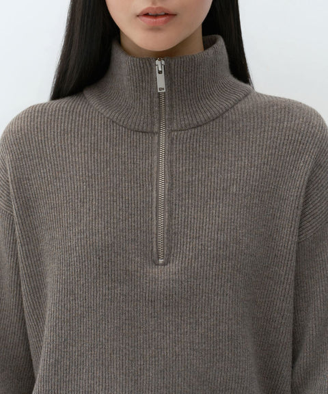 MUSINSA STANDARD WOMAN_VICTORIA WOOL Women's Minimal Ribbed Quarter-Zip Sweater Taupe