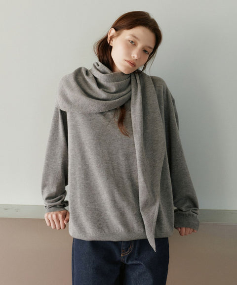 URAGO_Washable V-Neck Knit Shawl Set in Melange Gray