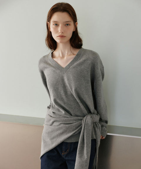 URAGO_Washable V-Neck Knit Shawl Set in Melange Gray