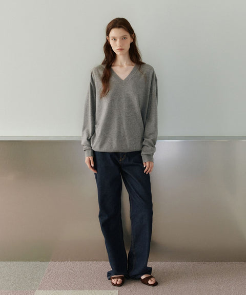 URAGO_Washable V-Neck Knit Shawl Set in Melange Gray