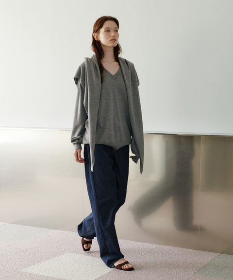 URAGO_Washable V-Neck Knit Shawl Set in Melange Gray
