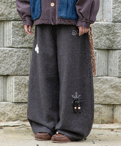 RUNAKI'HU'_WXP119 Oriori Herringbone Wide Fit Pants (Gray)