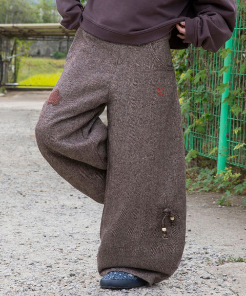 RUNAKI'HU'_WXP119 Oriori Herringbone Wide Fit Pants (Brown)