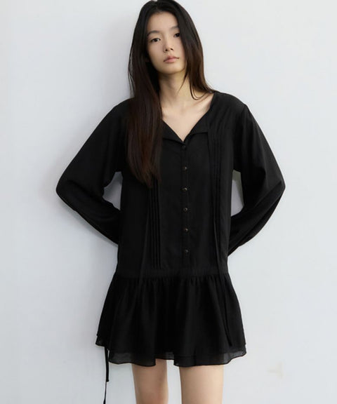 Tuck Line Frill One-Piece Black