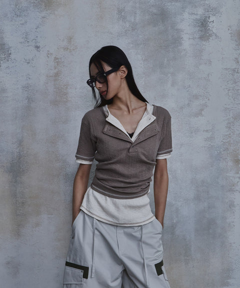 Slub Layered Henley Knit Top — gallery 1090