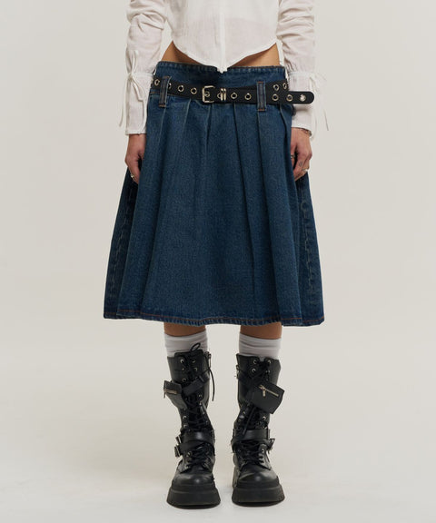 Pleated Denim Midi Skirt
