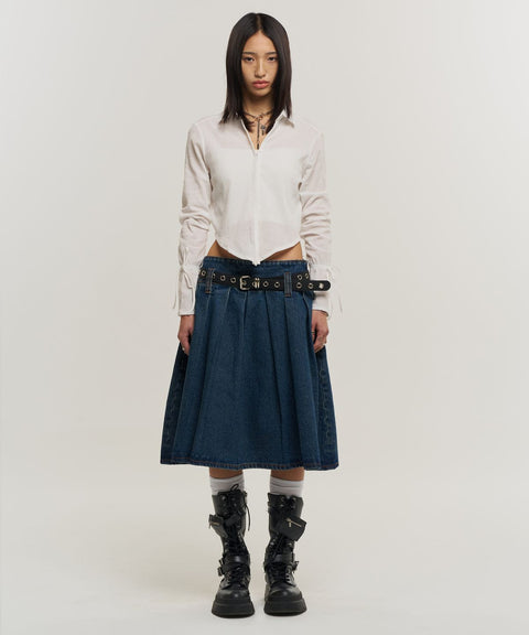 Pleated Denim Midi Skirt