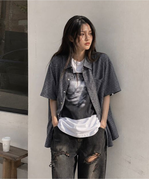 Unisex Cropped Check Short Sleeve Shirt – Snap