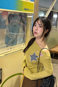 Check Two Star Applique Slim Long Sleeve Top