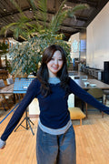 V-Neck Layered Stud Slim Long Sleeve Top