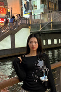 Check Two Star Applique Slim Long Sleeve Top
