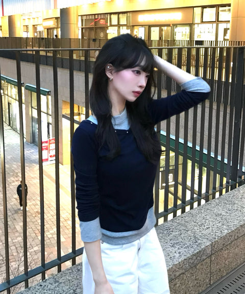 V-Neck Layered Stud Slim Long Sleeve Top