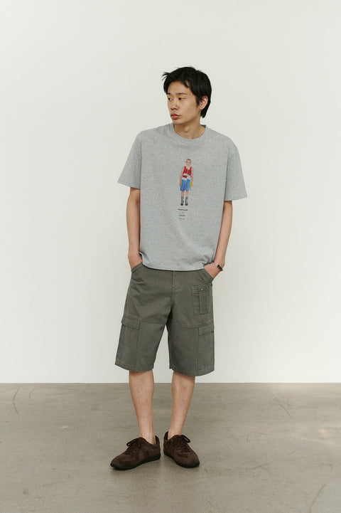 CHOWOO Paneled Cargo Pockets Herringbone Twill Shorts - Khaki