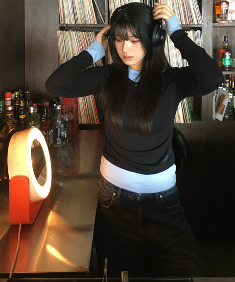 V-Neck Layered Stud Slim Long Sleeve Top
