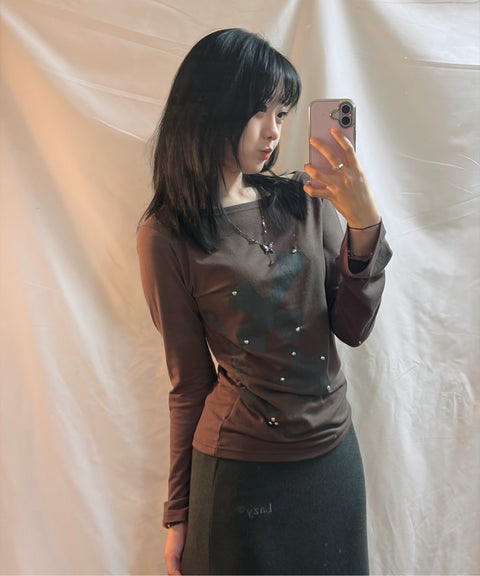 Cross Flower Stud Long Sleeve Top
