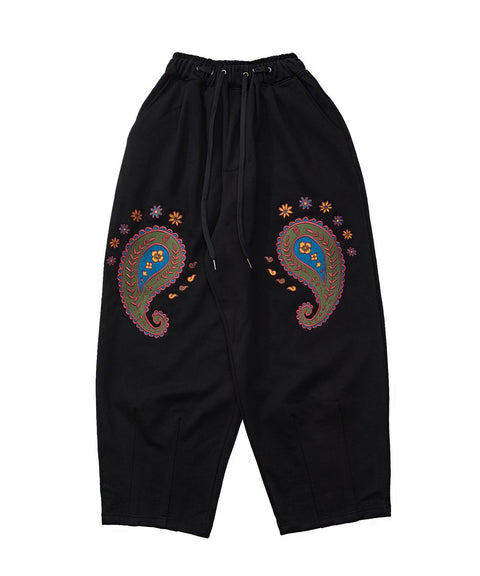 PAISLEY EMB. H-T SWEAT PANTS - Black