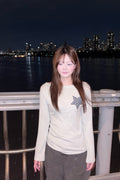 Check Two Star Applique Slim Long Sleeve Top