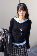 V-Neck Layered Stud Slim Long Sleeve Top