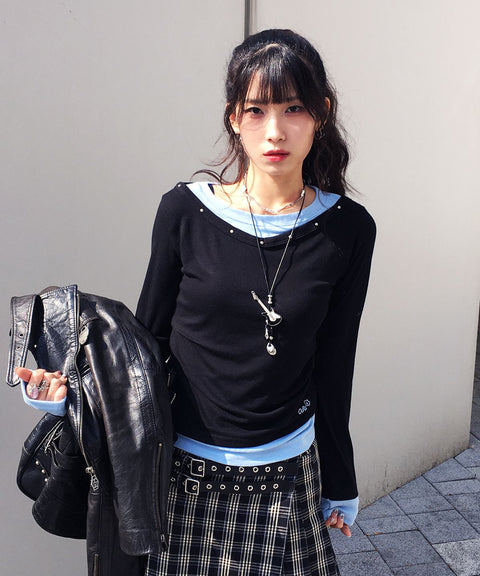 V-Neck Layered Stud Slim Long Sleeve Top