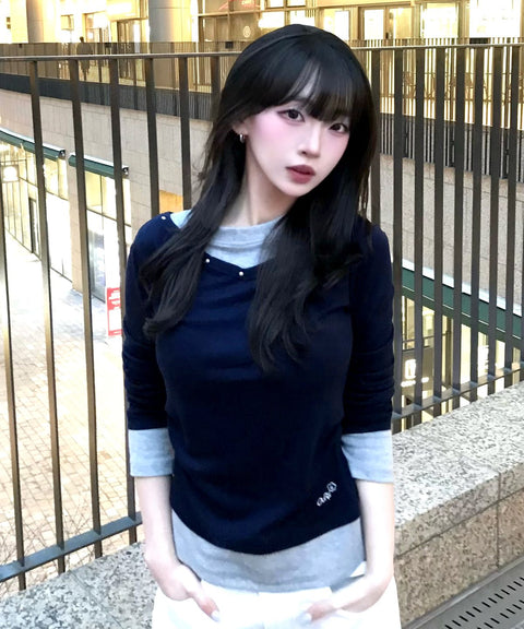 V-Neck Layered Stud Slim Long Sleeve Top