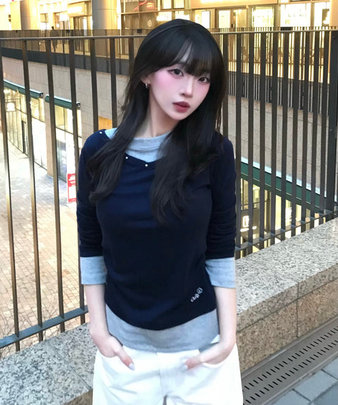 V-Neck Layered Stud Slim Long Sleeve Top
