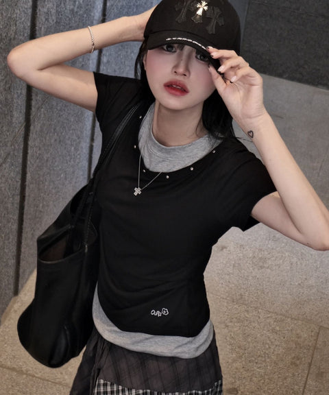 V-Neck Layered Stud Slim T-Shirt