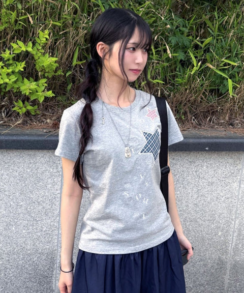Check Two Star Applique T-Shirt