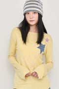 Check Two Star Applique Slim Long Sleeve Top